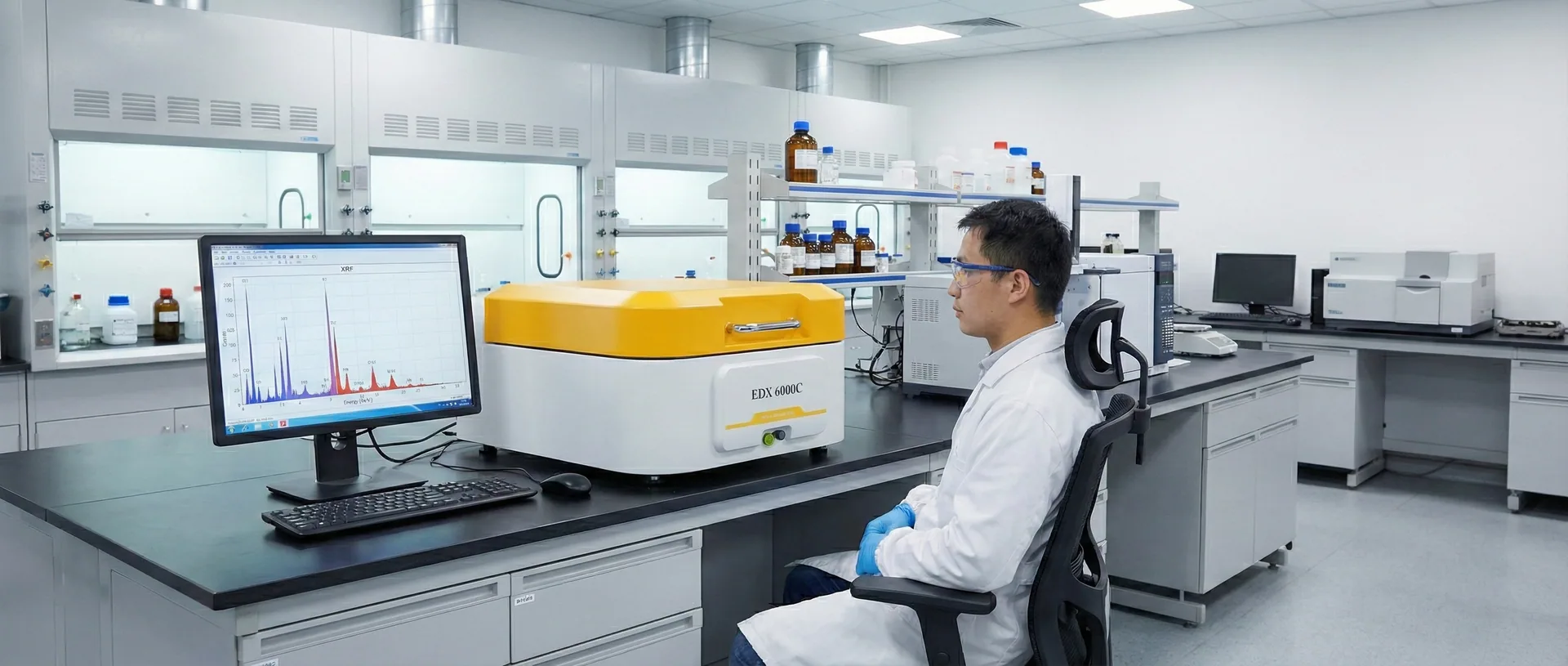 Laboratoryjny spektrometr XRF EDX 6000C na stanowisku badawczym